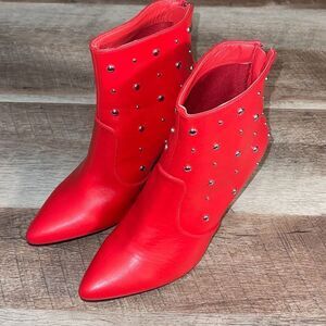 Yoki Gabriella Women Red Faux Leather Silver Studded Heel Ankle Boot Bootie 8